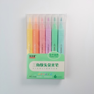 Good quality 6 color pastel color fluorescent soft fiber tip highlighter trianglular marker watercolor pen for art and drawing